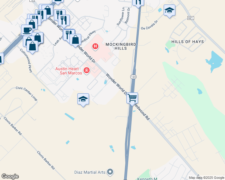 map of restaurants, bars, coffee shops, grocery stores, and more near 1428 Wonder World Drive in San Marcos