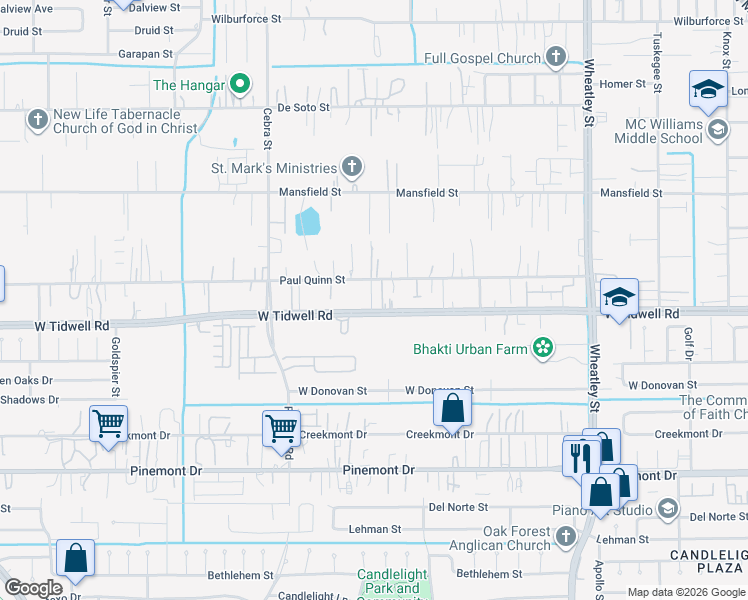 map of restaurants, bars, coffee shops, grocery stores, and more near 1702 West Tidwell Road in Houston