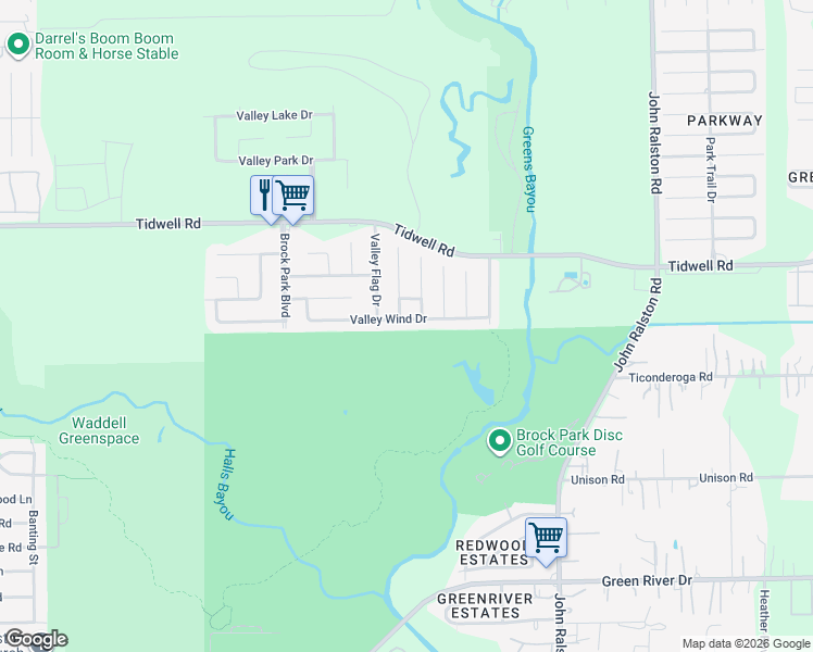 map of restaurants, bars, coffee shops, grocery stores, and more near 10222 Valley Wind Drive in Houston