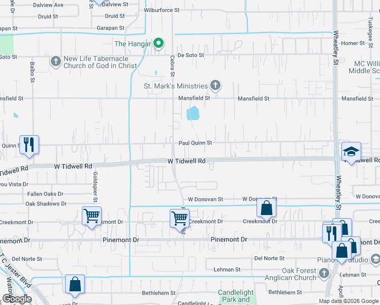 map of restaurants, bars, coffee shops, grocery stores, and more near 2100 Paul Quinn Street in Houston