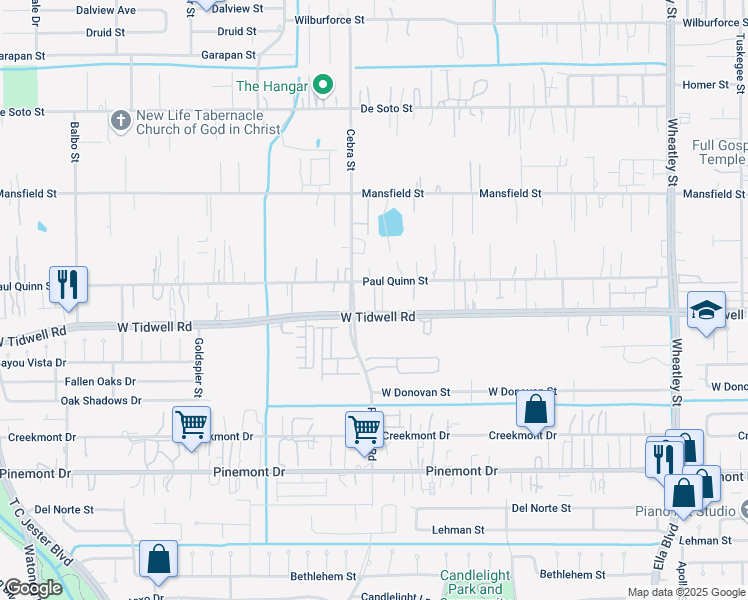 map of restaurants, bars, coffee shops, grocery stores, and more near 2100 Paul Quinn Street in Houston