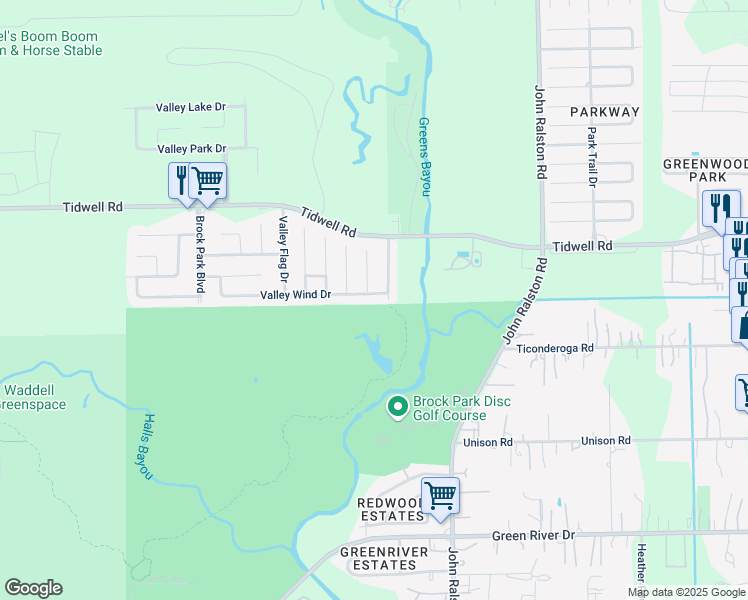 map of restaurants, bars, coffee shops, grocery stores, and more near 10326 Valley Wind Drive in Houston