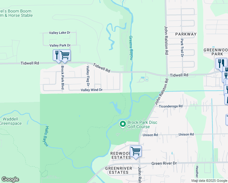 map of restaurants, bars, coffee shops, grocery stores, and more near 10326 Valley Wind Drive in Houston