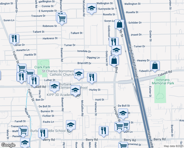 map of restaurants, bars, coffee shops, grocery stores, and more near 620 Luther Street in Houston