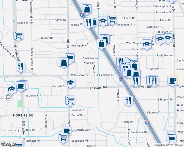 map of restaurants, bars, coffee shops, grocery stores, and more near 21 East Hamilton Street in Houston