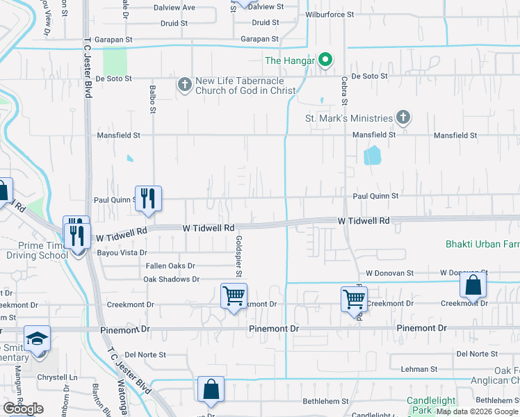 map of restaurants, bars, coffee shops, grocery stores, and more near 2612 West Tidwell Road in Houston