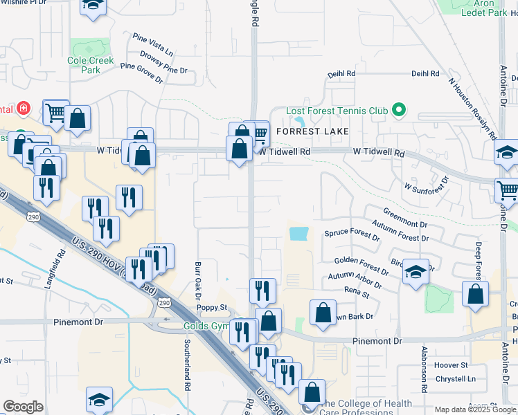 map of restaurants, bars, coffee shops, grocery stores, and more near 5604 Bingle Road in Houston