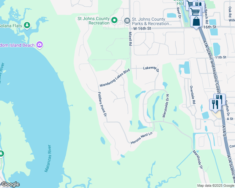 map of restaurants, bars, coffee shops, grocery stores, and more near 505 Salt Tide Way in St. Augustine