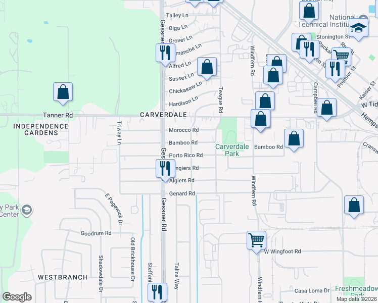 map of restaurants, bars, coffee shops, grocery stores, and more near 10047 Porto Rico Road in Houston