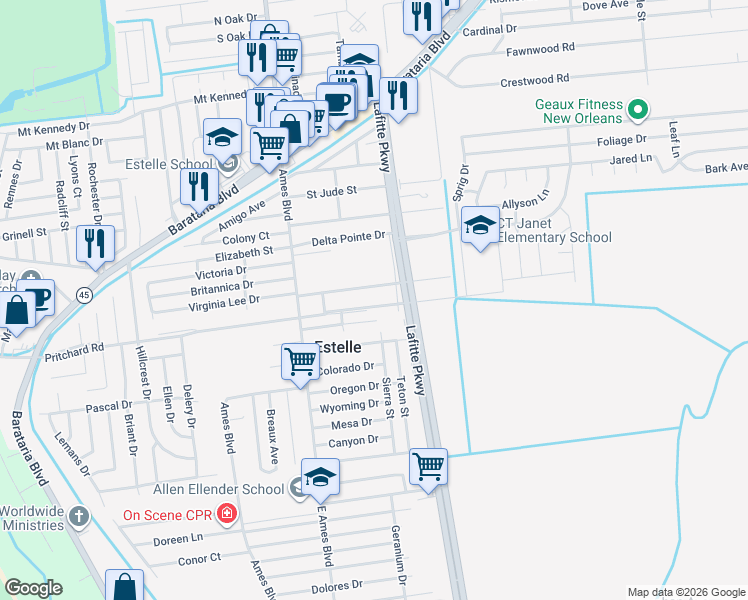 map of restaurants, bars, coffee shops, grocery stores, and more near 2500 Arizona Drive in Marrero
