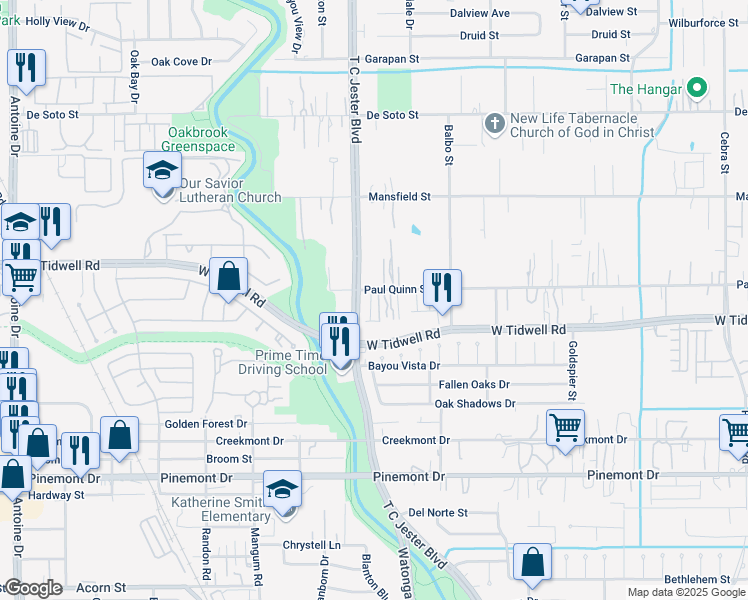 map of restaurants, bars, coffee shops, grocery stores, and more near 3435 Paul Quinn Street in Houston