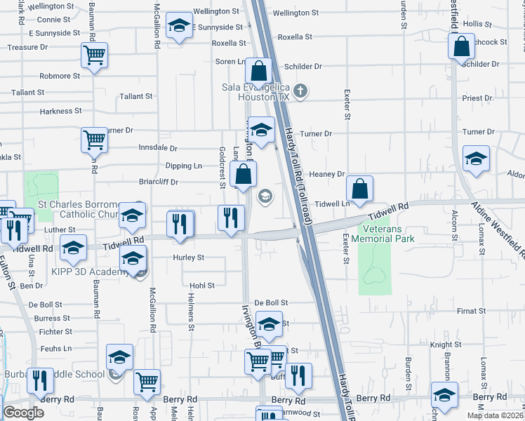 map of restaurants, bars, coffee shops, grocery stores, and more near 1529-1619 Tidwell Road in Houston
