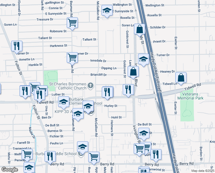 map of restaurants, bars, coffee shops, grocery stores, and more near 620 Luther Street in Houston
