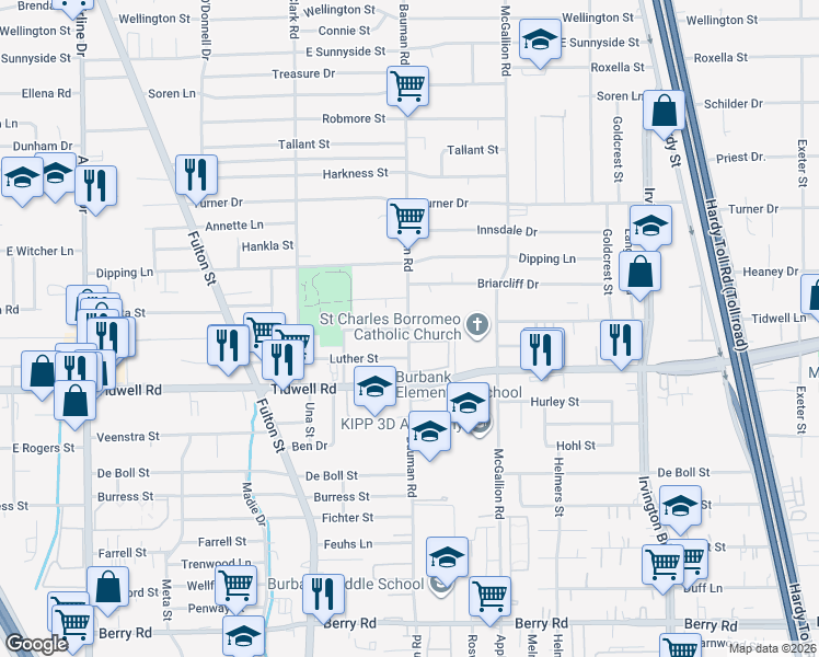 map of restaurants, bars, coffee shops, grocery stores, and more near 9400 Bauman Road in Houston