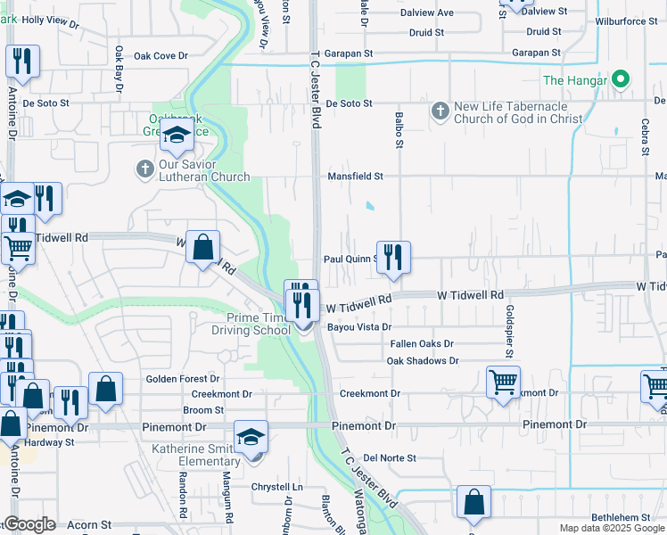 map of restaurants, bars, coffee shops, grocery stores, and more near 3435 Paul Quinn Street in Houston