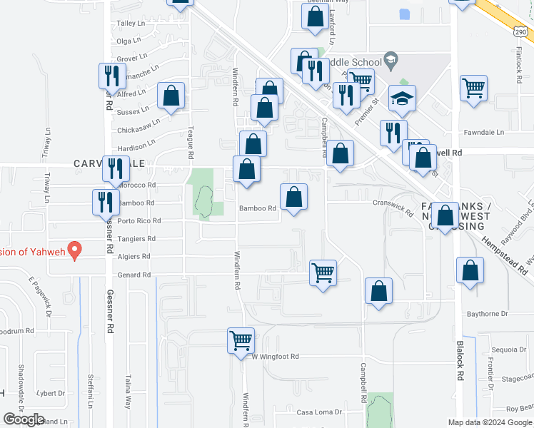 map of restaurants, bars, coffee shops, grocery stores, and more near 9803 Porto Rico Road in Houston