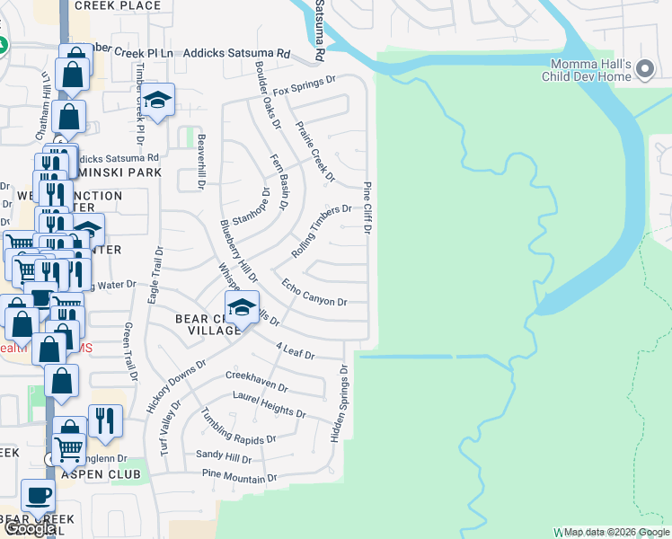 map of restaurants, bars, coffee shops, grocery stores, and more near 15707 Cascade Point Drive in Houston