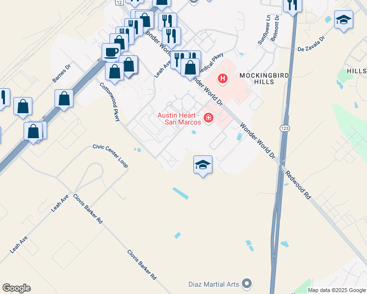 map of restaurants, bars, coffee shops, grocery stores, and more near 1451 Sadler Drive in San Marcos