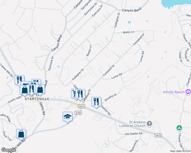 map of restaurants, bars, coffee shops, grocery stores, and more near 255 Campbell Drive in Canyon Lake
