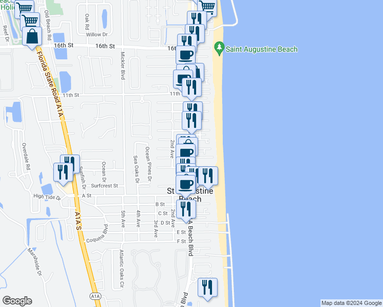 map of restaurants, bars, coffee shops, grocery stores, and more near 620 A1A Beach Boulevard in Saint Augustine Beach