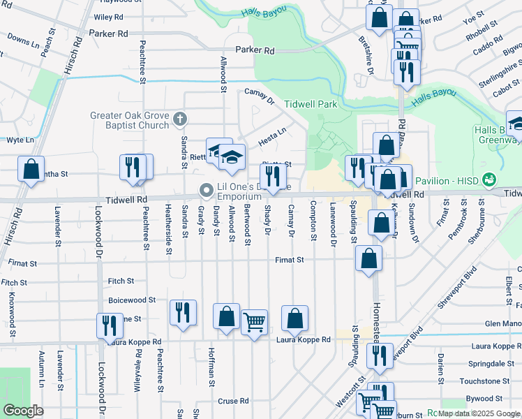 map of restaurants, bars, coffee shops, grocery stores, and more near 9406 Shady Drive in Houston