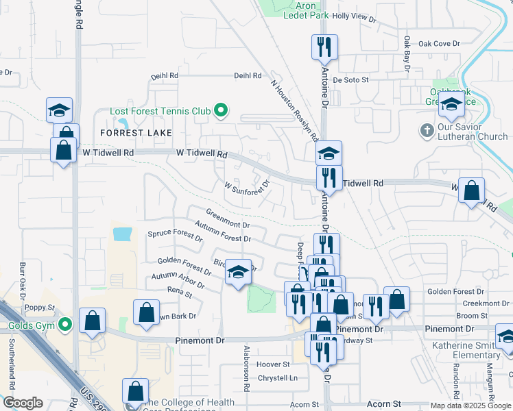 map of restaurants, bars, coffee shops, grocery stores, and more near 5869 Village Forest Court in Houston