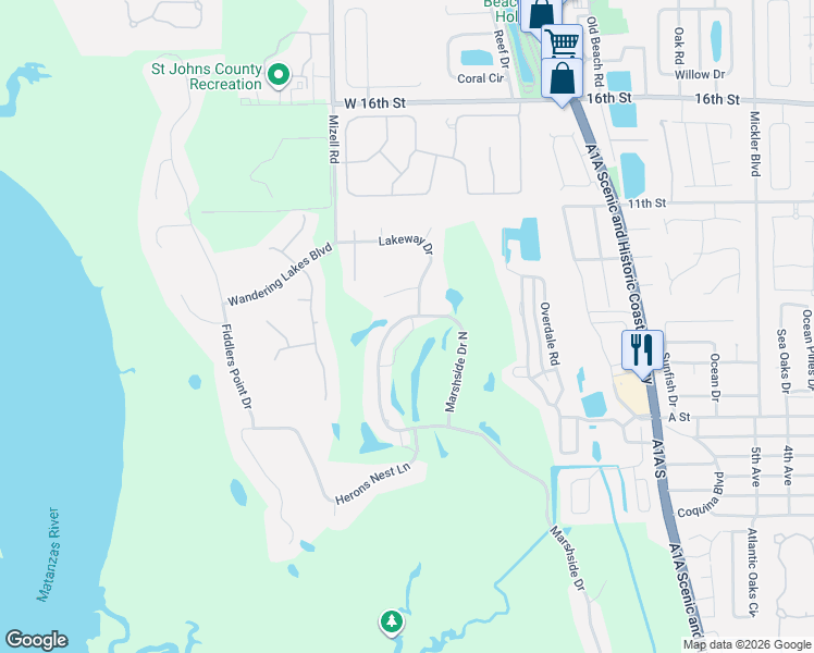map of restaurants, bars, coffee shops, grocery stores, and more near 250 Marshside Drive in St. Augustine