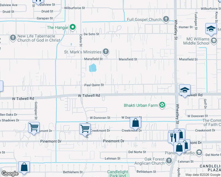 map of restaurants, bars, coffee shops, grocery stores, and more near 1905 West Tidwell Road in Houston