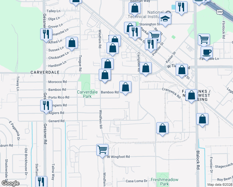 map of restaurants, bars, coffee shops, grocery stores, and more near 9803 Porto Rico Road in Houston