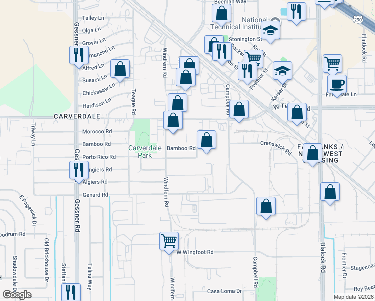 map of restaurants, bars, coffee shops, grocery stores, and more near 9803 Porto Rico Road in Houston