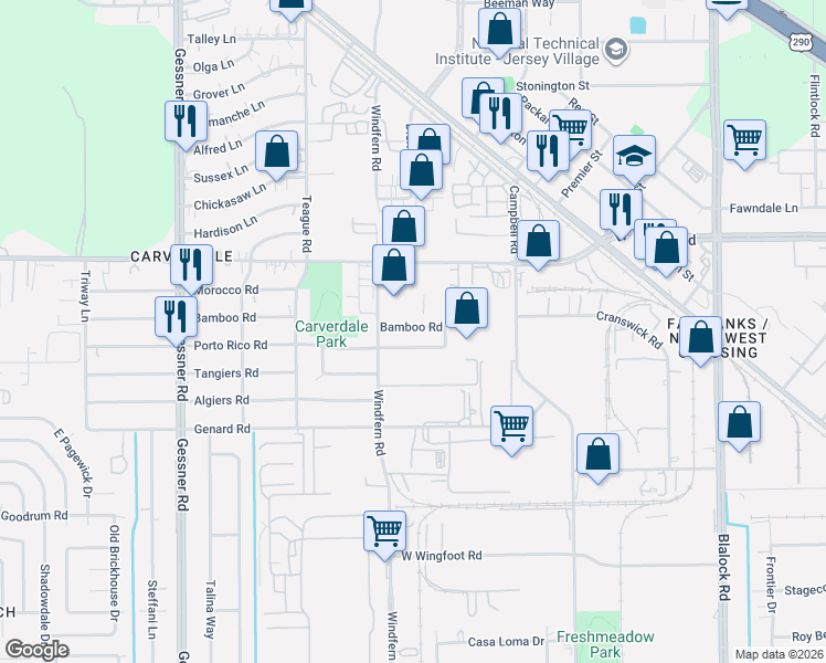 map of restaurants, bars, coffee shops, grocery stores, and more near 9831 Porto Rico Road in Houston