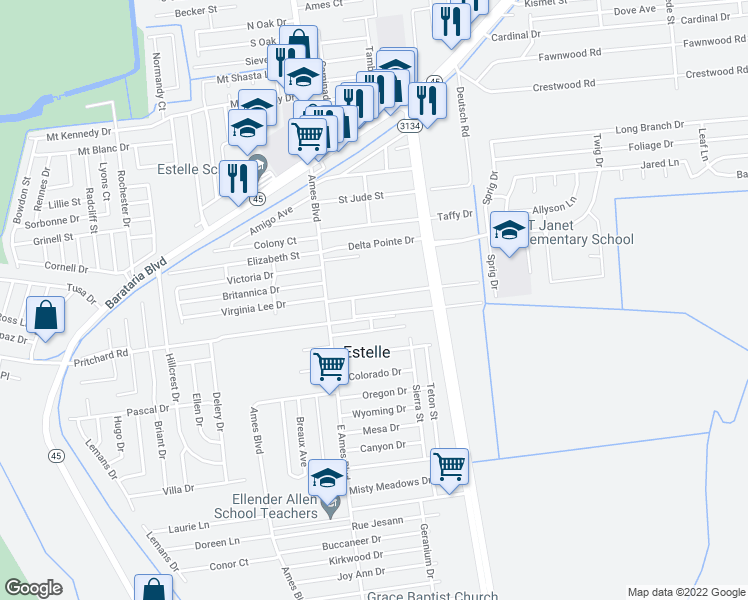 map of restaurants, bars, coffee shops, grocery stores, and more near 2532 Arizona Drive in Marrero