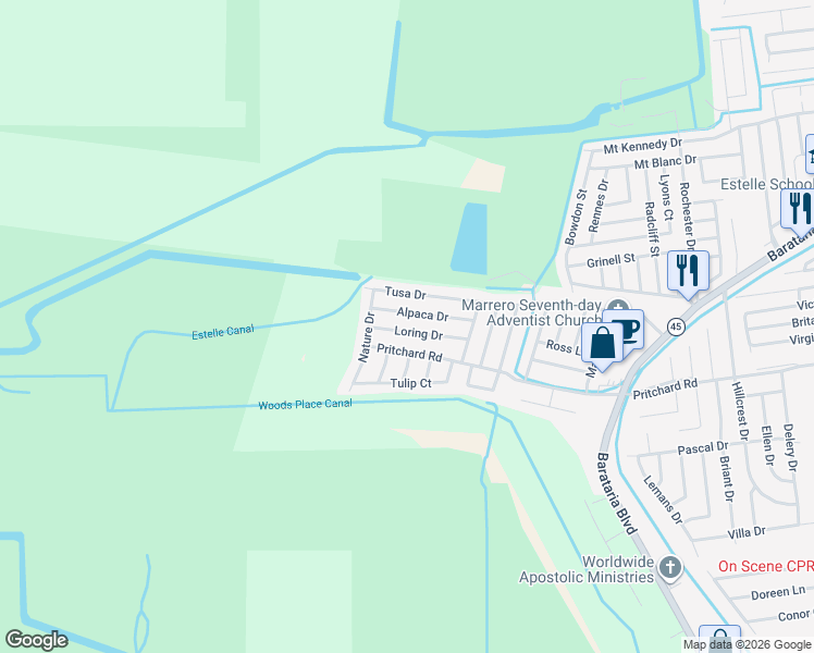 map of restaurants, bars, coffee shops, grocery stores, and more near 5321 Pritchard Road in Marrero