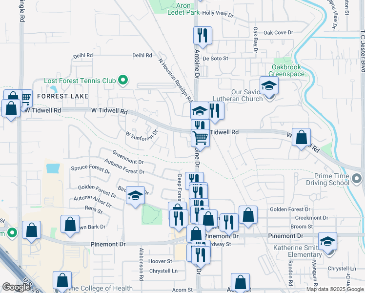 map of restaurants, bars, coffee shops, grocery stores, and more near 5625 Antoine Drive in Houston