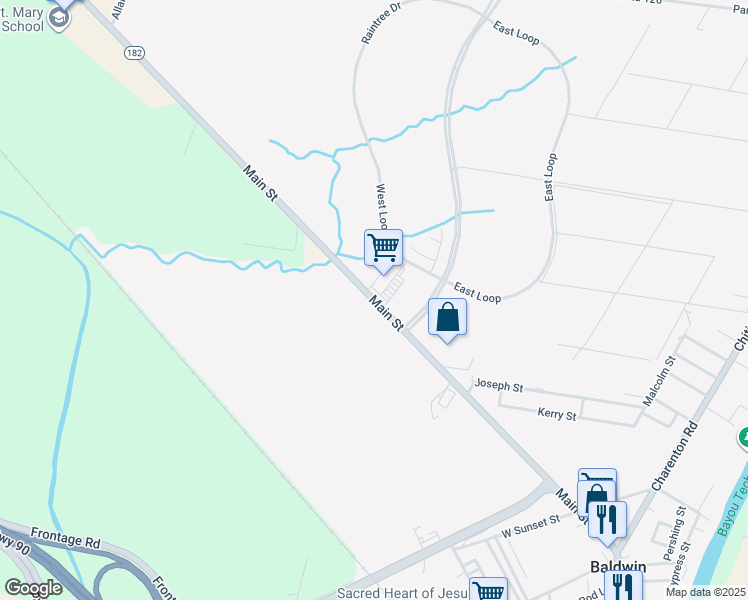 map of restaurants, bars, coffee shops, grocery stores, and more near Louisiana 182 in Baldwin