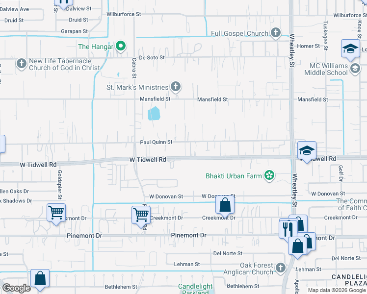 map of restaurants, bars, coffee shops, grocery stores, and more near 1832 Paul Quinn Street in Houston