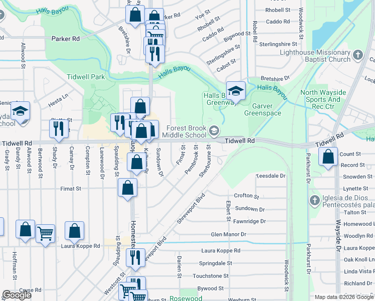 map of restaurants, bars, coffee shops, grocery stores, and more near 7320 Tidwell Road in Houston