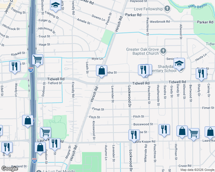 map of restaurants, bars, coffee shops, grocery stores, and more near 4635 Tidwell Road in Houston