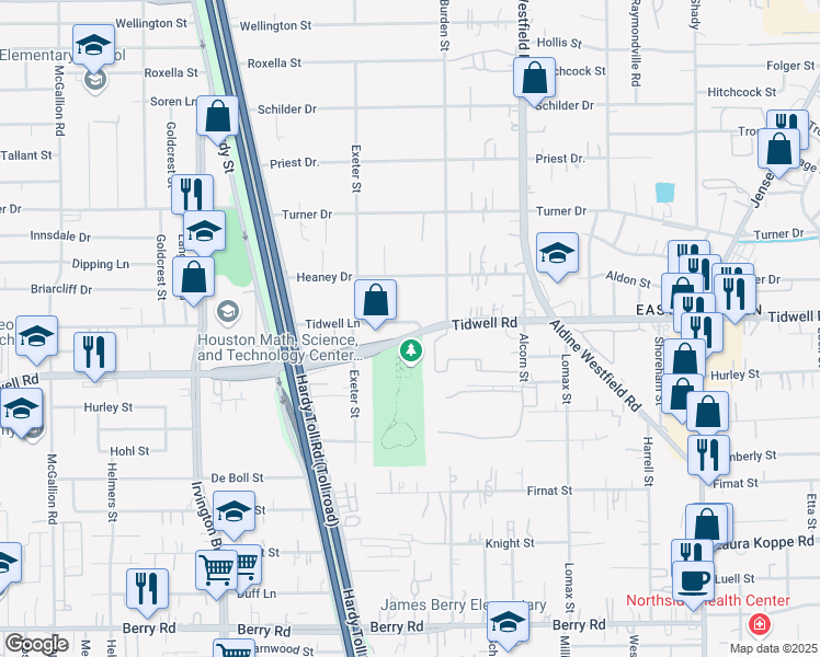 map of restaurants, bars, coffee shops, grocery stores, and more near 1833 Tidwell Lane in Houston