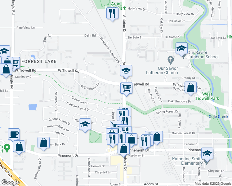 map of restaurants, bars, coffee shops, grocery stores, and more near 5815 West Tidwell Road in Houston