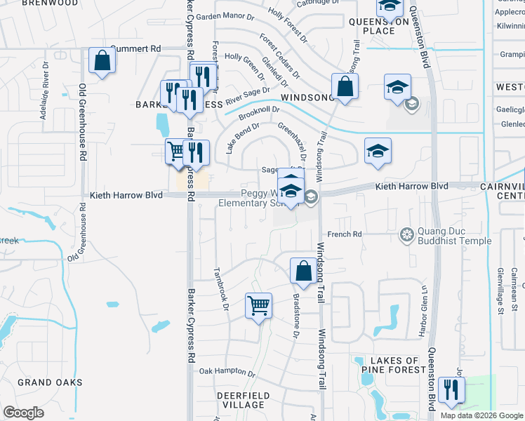 map of restaurants, bars, coffee shops, grocery stores, and more near 18210 Knotty Green Drive in Houston