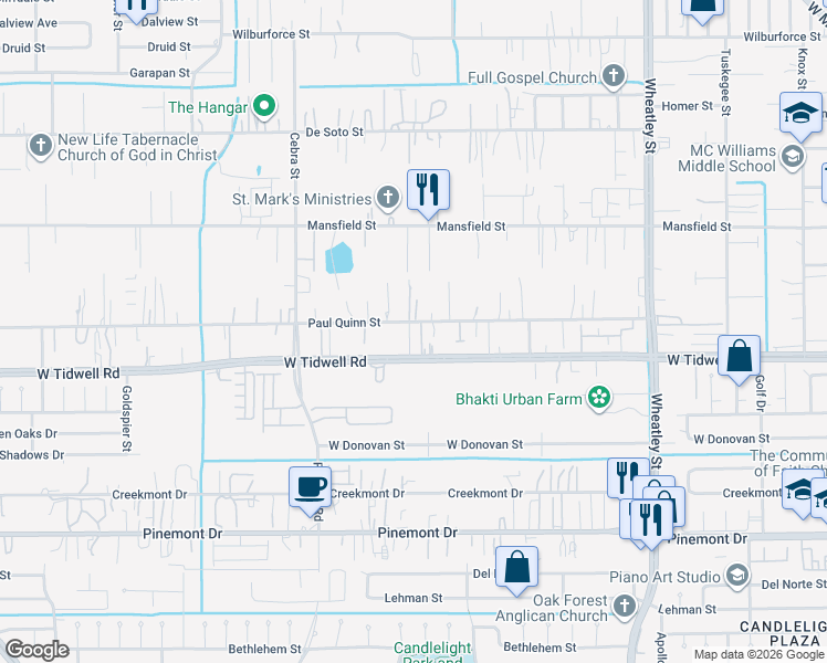map of restaurants, bars, coffee shops, grocery stores, and more near 1730 Paul Quinn Street in Houston