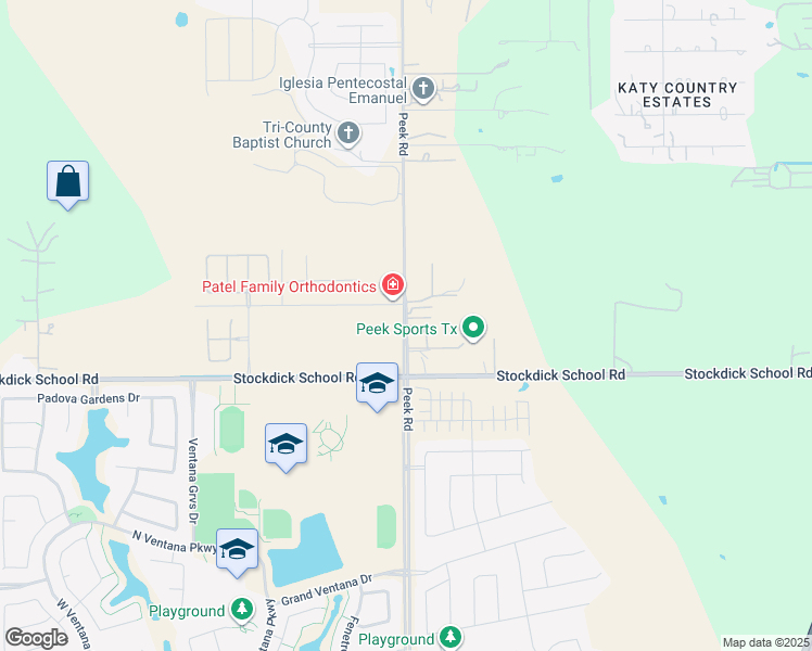 map of restaurants, bars, coffee shops, grocery stores, and more near Peek Road in Katy