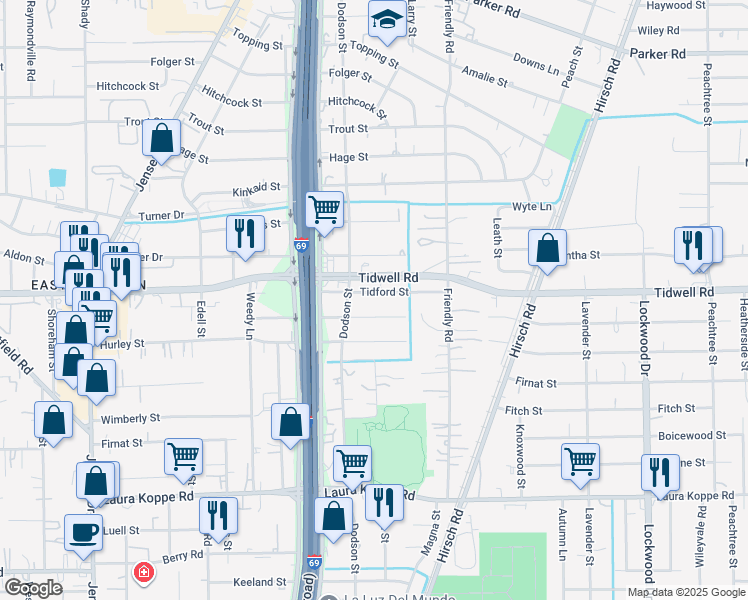 map of restaurants, bars, coffee shops, grocery stores, and more near 3903 Tidford Street in Houston