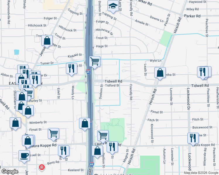 map of restaurants, bars, coffee shops, grocery stores, and more near 3903 Tidford Street in Houston