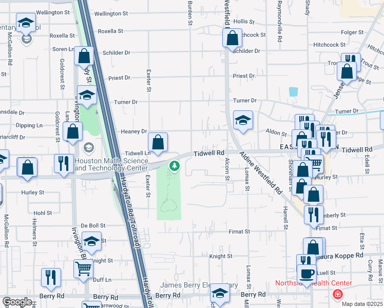 map of restaurants, bars, coffee shops, grocery stores, and more near 1927 Tidwell Road in Houston