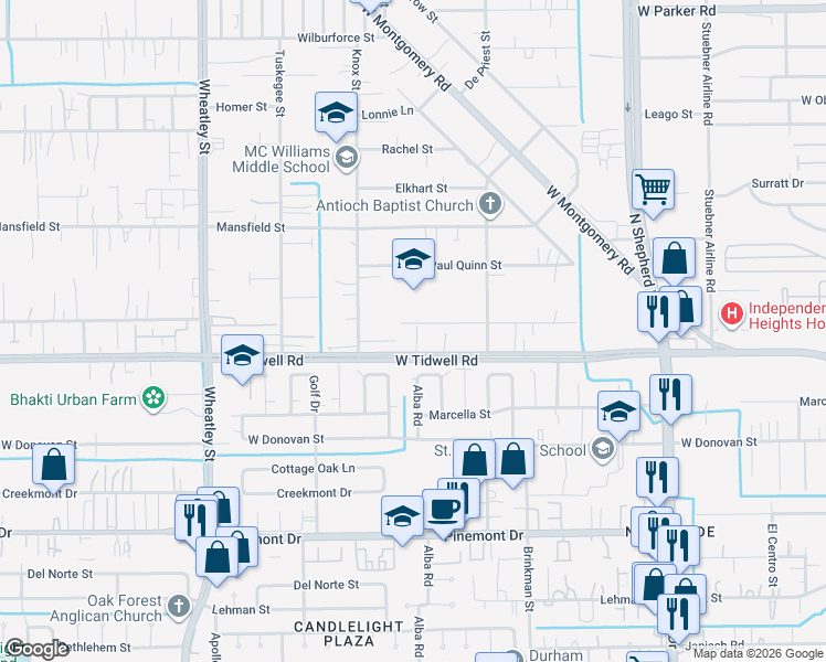 map of restaurants, bars, coffee shops, grocery stores, and more near 5611 Madison St in Houston