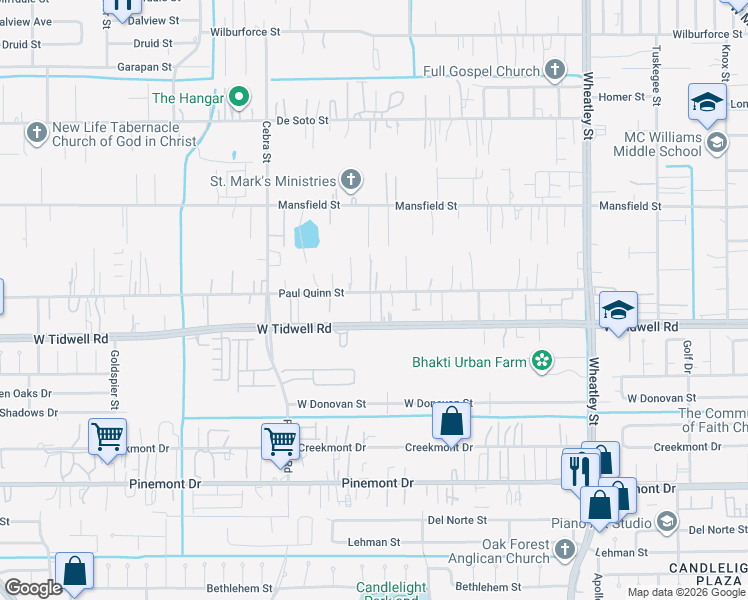 map of restaurants, bars, coffee shops, grocery stores, and more near 1730 Paul Quinn Street in Houston
