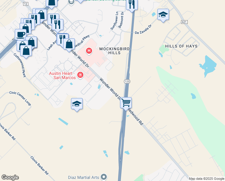 map of restaurants, bars, coffee shops, grocery stores, and more near 1410 Wonder World Drive in San Marcos