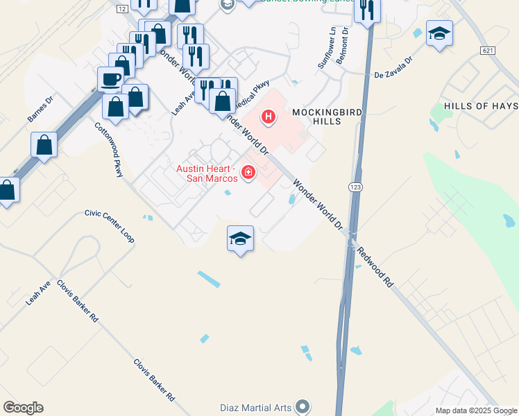 map of restaurants, bars, coffee shops, grocery stores, and more near 1271 Sadler Drive in San Marcos